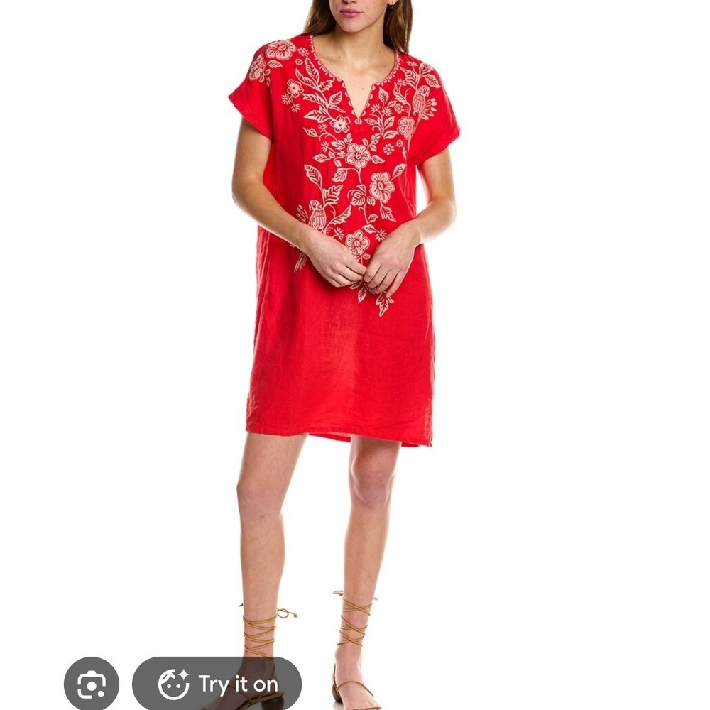 Johnny was Abigail easy linen Tunic  red embroidered coastal feminine FLAW